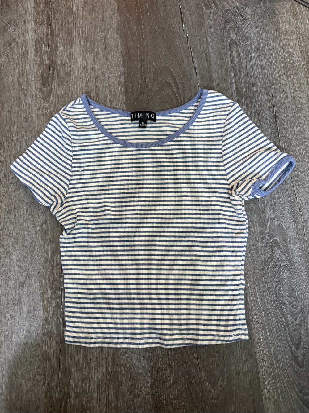 TIMING Blue & White Stripe Ribbed Crop Tee
